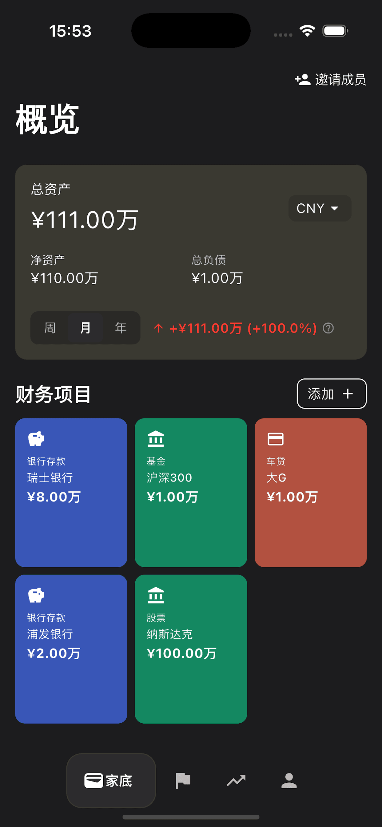 家底儿家庭资产、负债与净资产总览页面